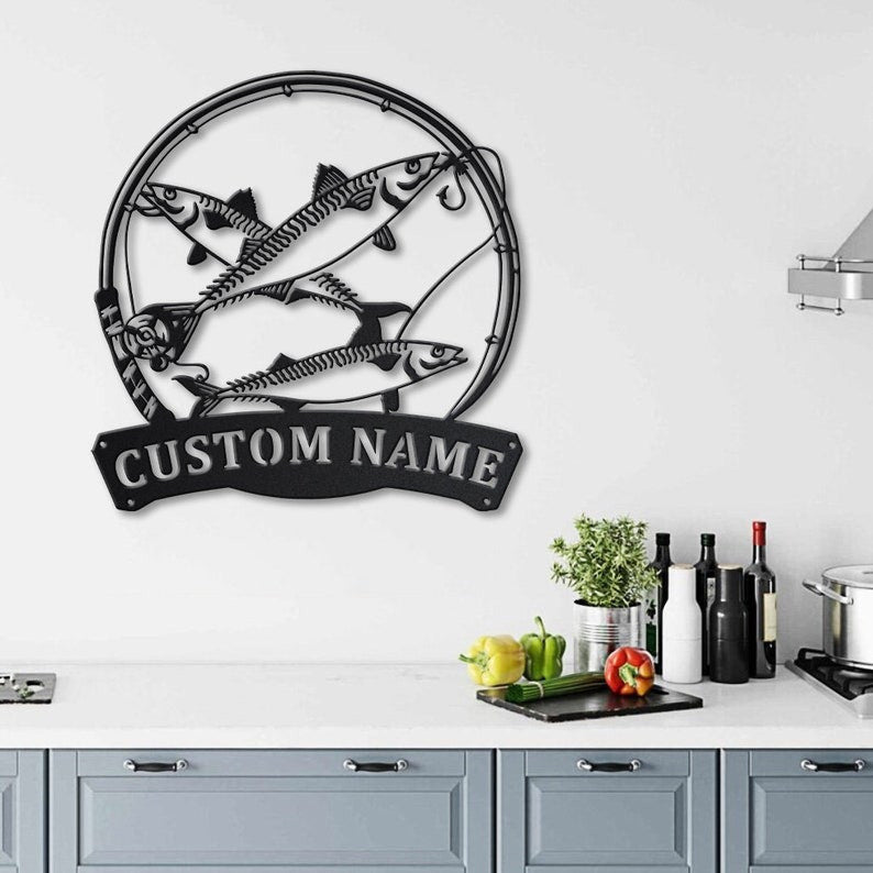 Personalized Mackerel Fishing Fish Pole Metal Sign Art Custom Mackerel Fishing Monogram Metal Sign Fishing Gifts Hobbie Gift