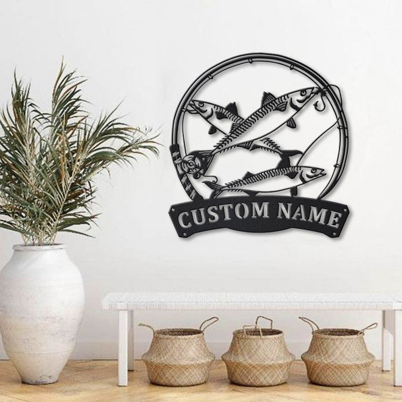 Personalized Mackerel Fishing Fish Pole Metal Sign Art Custom Mackerel Fishing Monogram Metal Sign Fishing Gifts Hobbie Gift