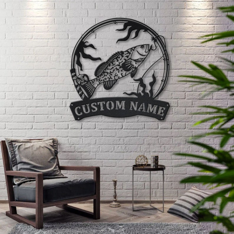 Personalized Grouper Fishing Fish Pole Metal Sign Art Custom Grouper Fishing Metal Sign Grouper Fishing Gifts for Men Fishing Gift