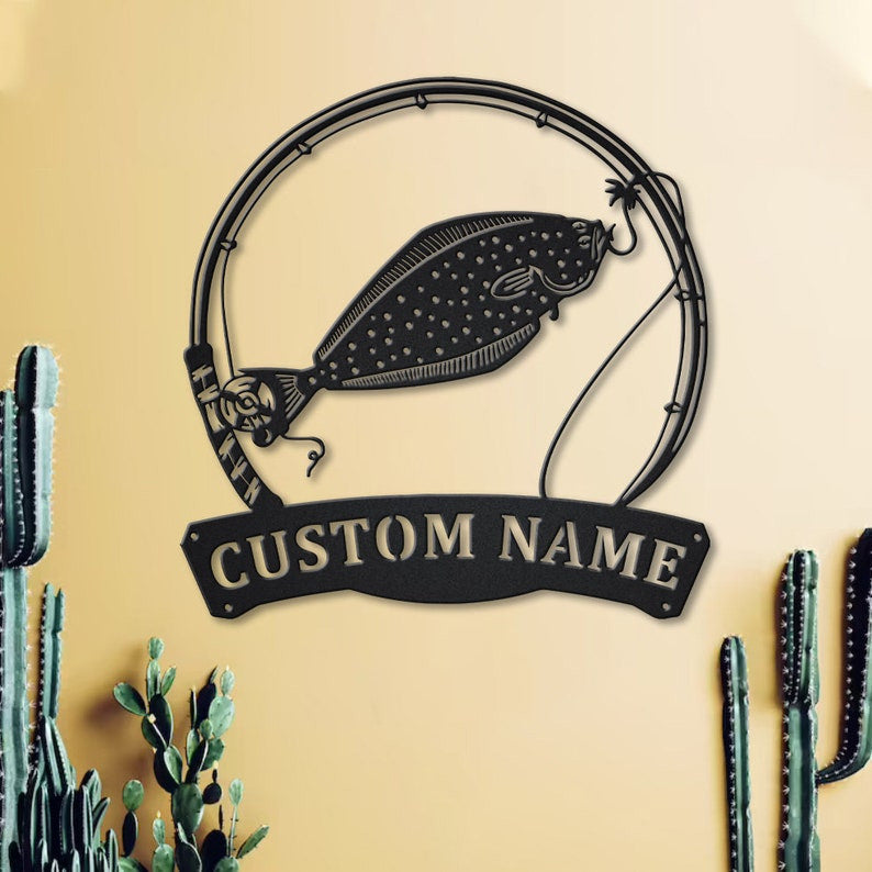 Personalized Halibut Fishing Fish Pole Metal Sign Art Custom Halibut Fishing Metal Sign Halibut Fishing Gift