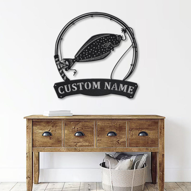 Personalized Halibut Fishing Fish Pole Metal Sign Art Custom Halibut Fishing Metal Sign Halibut Fishing Gift
