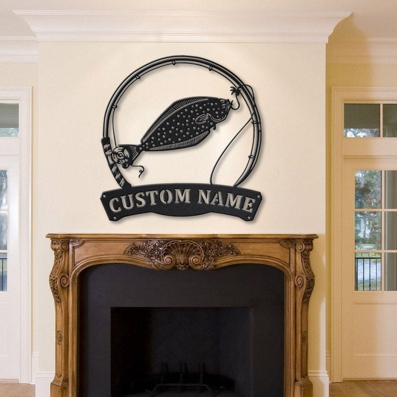 Personalized Halibut Fishing Fish Pole Metal Sign Art Custom Halibut Fishing Metal Sign Halibut Fishing Gift