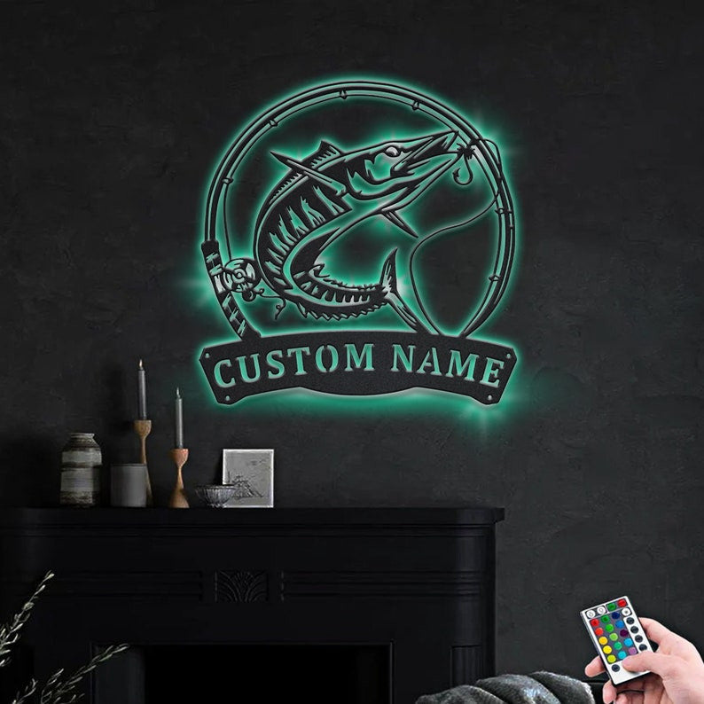Personalized Wahoo Fishing Fish Pole Monogram Metal Sign WITH LED/WITHOUT LED Lights Custom Wahoo Fishing Metal Sign Hobbie Gifts