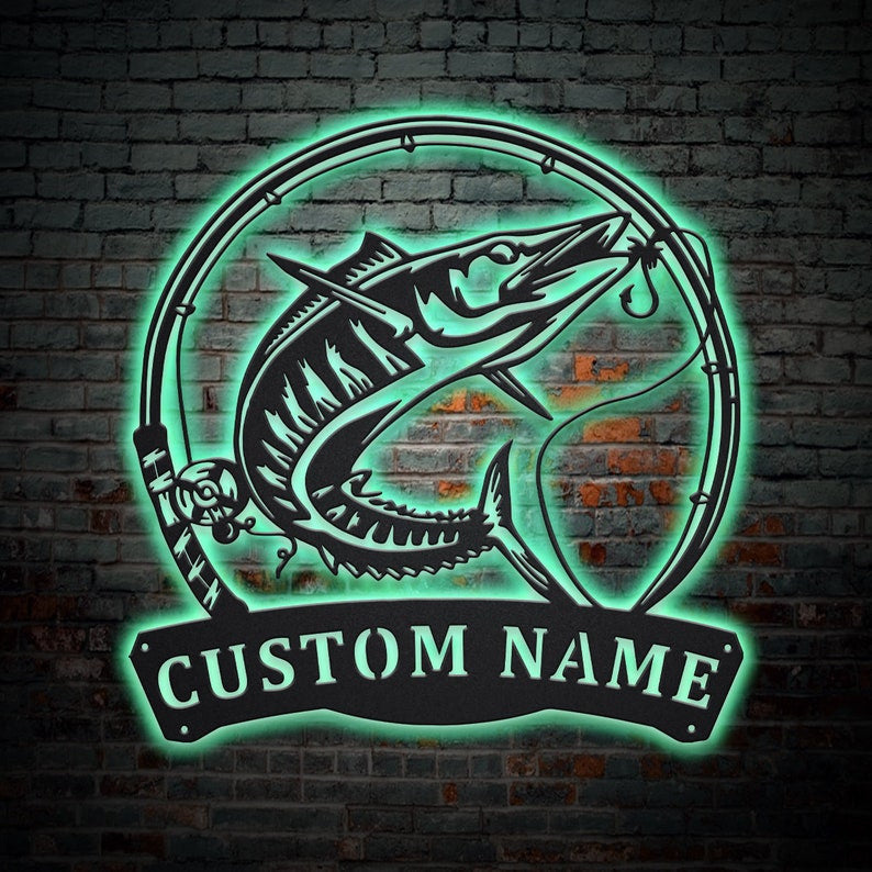 Personalized Wahoo Fishing Fish Pole Monogram Metal Sign WITH LED/WITHOUT LED Lights Custom Wahoo Fishing Metal Sign Hobbie Gifts