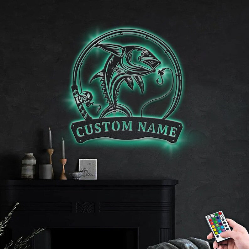 Personalized Dolphin Fishing Fish Pole Monogram Metal Sign WITH LED/WITHOUT LED Lights Custom Dolphin Fishing Metal Sign Fishing Gifts