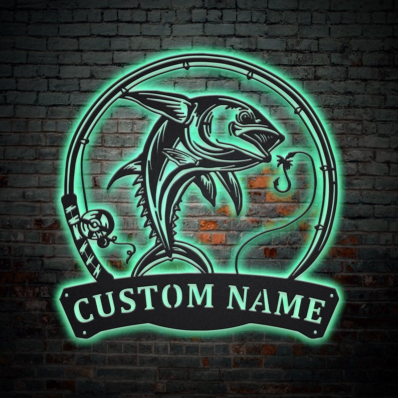 Personalized Dolphin Fishing Fish Pole Monogram Metal Sign WITH LED/WITHOUT LED Lights Custom Dolphin Fishing Metal Sign Fishing Gifts