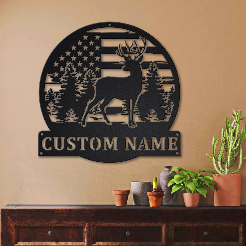 USA Flag Deer Hunting Monogram Metal Sign Art Metal Wall Art Deer Antler Decor Deer Camp Sign Housewarming Outdoor Metal Sign