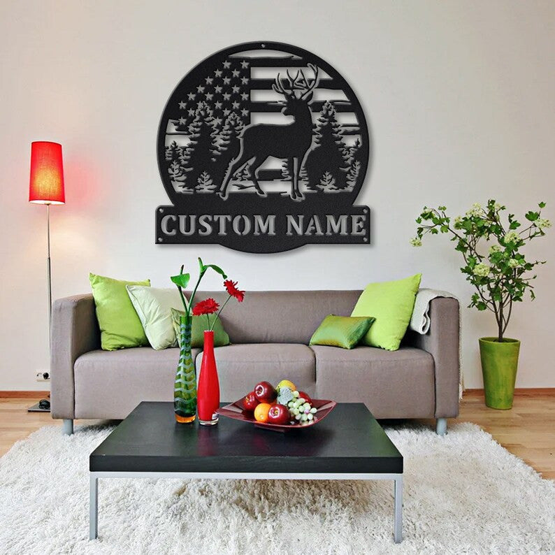 USA Flag Deer Hunting Monogram Metal Sign Art Metal Wall Art Deer Antler Decor Deer Camp Sign Housewarming Outdoor Metal Sign