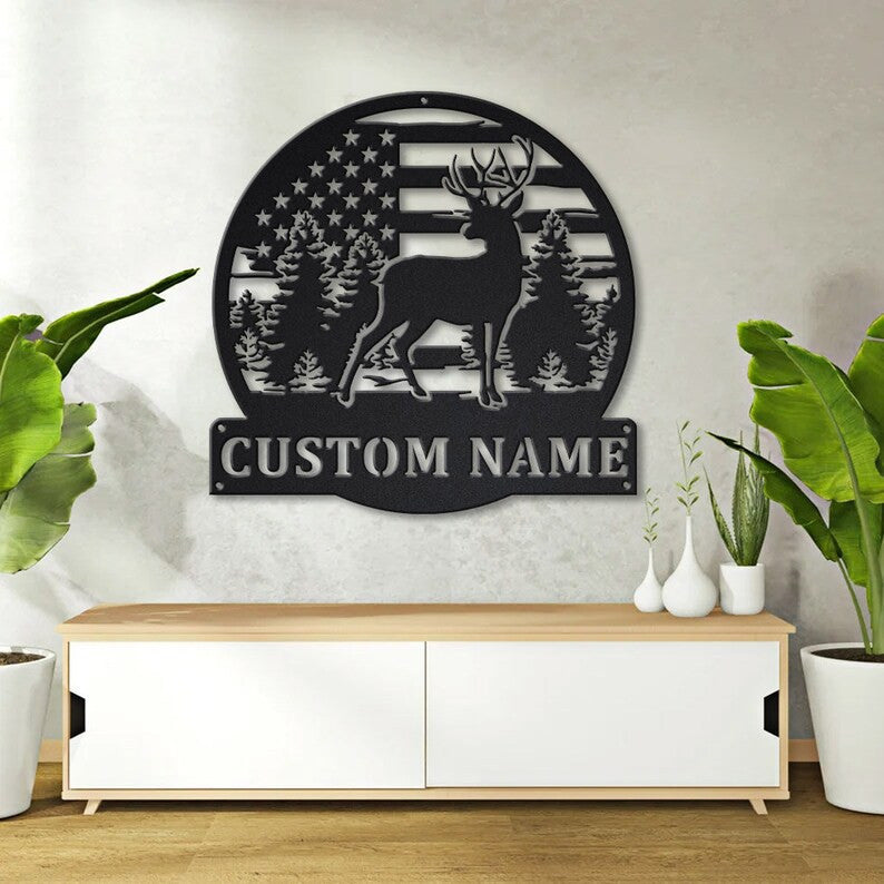 USA Flag Deer Hunting Monogram Metal Sign Art Metal Wall Art Deer Antler Decor Deer Camp Sign Housewarming Outdoor Metal Sign