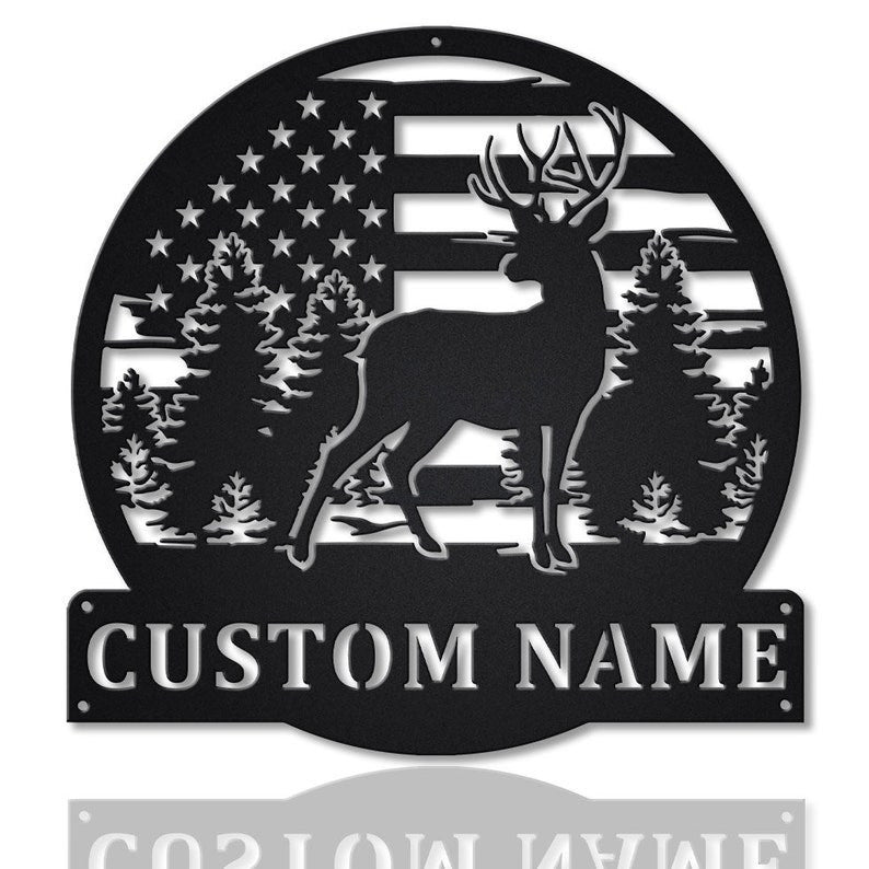 USA Flag Deer Hunting Monogram Metal Sign Art Metal Wall Art Deer Antler Decor Deer Camp Sign Housewarming Outdoor Metal Sign