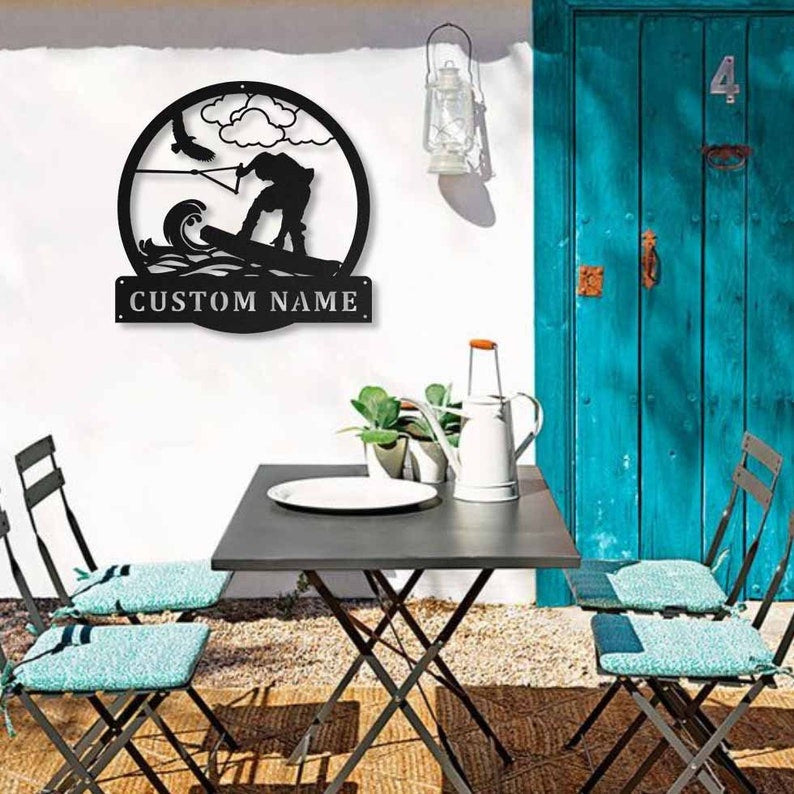 Wakeboarding Monogram Metal Sign Art Metal Wall Art Wakeboarding Antler Decor Wakeboarding Metal Sign Housewarming Outdoor Metal