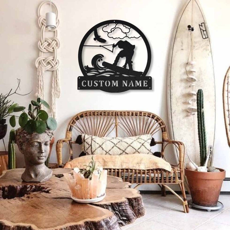 Wakeboarding Monogram Metal Sign Art Metal Wall Art Wakeboarding Antler Decor Wakeboarding Metal Sign Housewarming Outdoor Metal