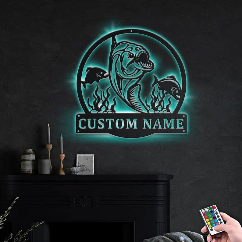 Personalized Piranha Fishing Monogram Metal Sign WITH LED/WITHOUT LED Lights Custom Piranha Fishing Metal Sign Fishing Gifts