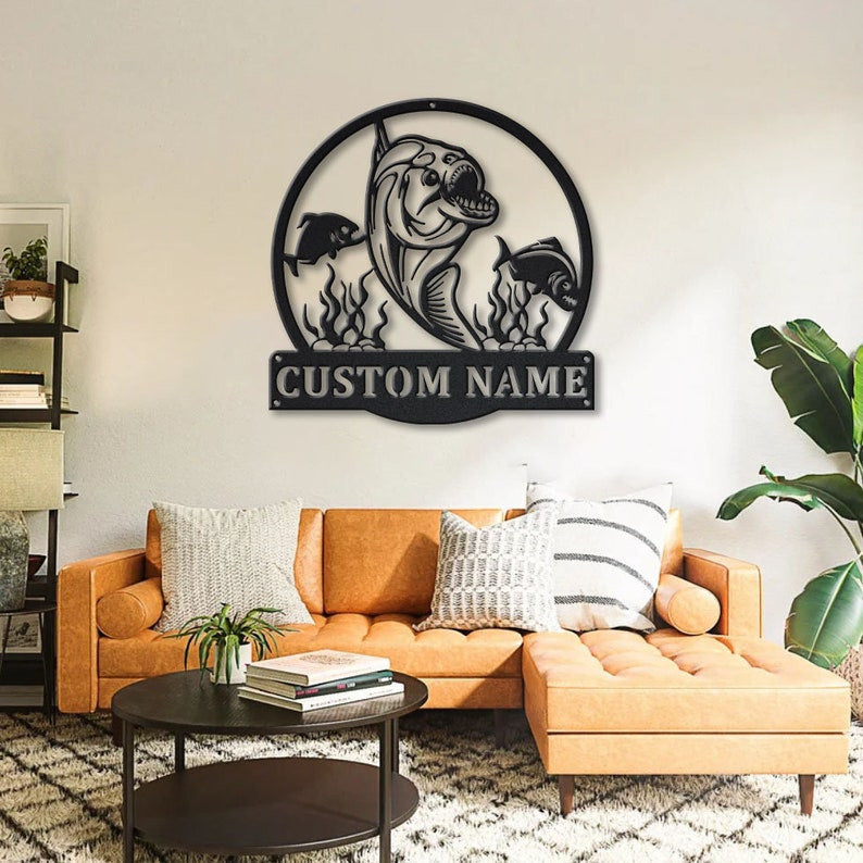 Personalized Piranha Fishing Monogram Metal Sign WITH LED/WITHOUT LED Lights Custom Piranha Fishing Metal Sign Fishing Gifts