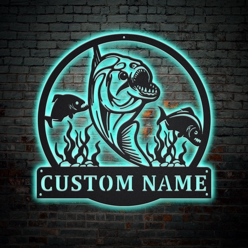 Personalized Piranha Fishing Monogram Metal Sign WITH LED/WITHOUT LED Lights Custom Piranha Fishing Metal Sign Fishing Gifts