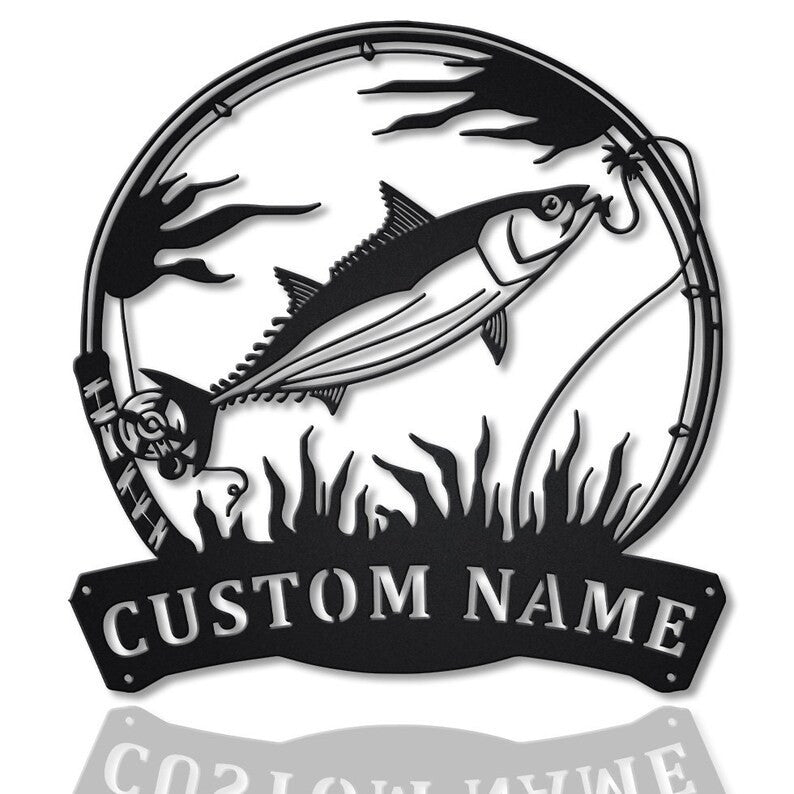 Personalized Skipjack Tuna Fishing Fish Pole Monogram Metal Sign WITH LED/WITHOUT LED Lights Custom Skipjack Tuna Fishing Metal Sign Fishing Gifts