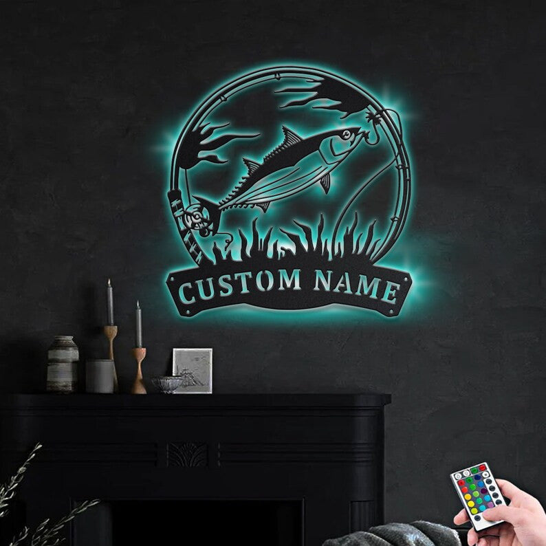 Personalized Skipjack Tuna Fishing Fish Pole Monogram Metal Sign WITH LED/WITHOUT LED Lights Custom Skipjack Tuna Fishing Metal Sign Fishing Gifts