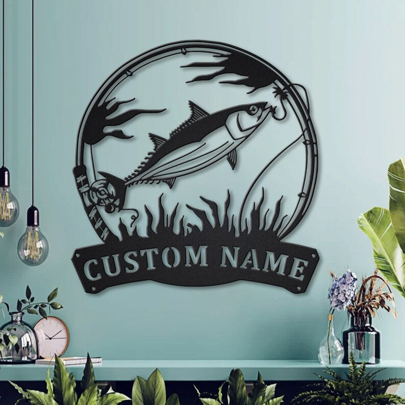 Personalized Skipjack Tuna Fishing Fish Pole Monogram Metal Sign WITH LED/WITHOUT LED Lights Custom Skipjack Tuna Fishing Metal Sign Fishing Gifts