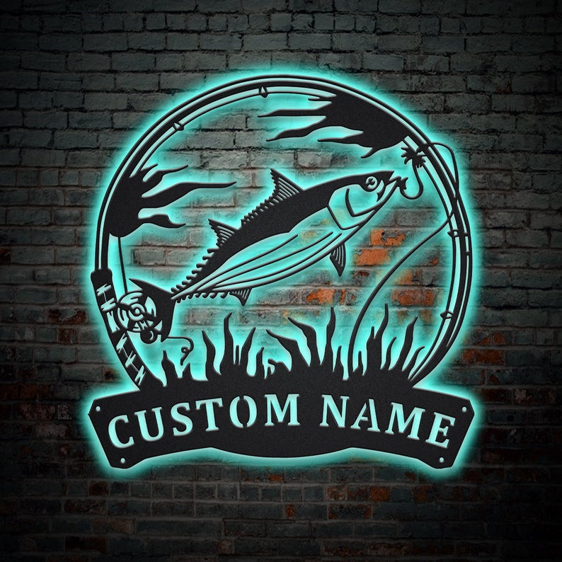 Personalized Skipjack Tuna Fishing Fish Pole Monogram Metal Sign WITH LED/WITHOUT LED Lights Custom Skipjack Tuna Fishing Metal Sign Fishing Gifts