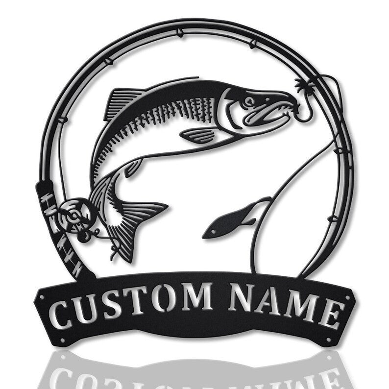 Personalized Sockeye Salmon Fishing Fish Pole Monogram Metal Sign WITH LED/WITHOUT LED Lights Custom Salmon Fishing Metal Sign Hobbie Gifts