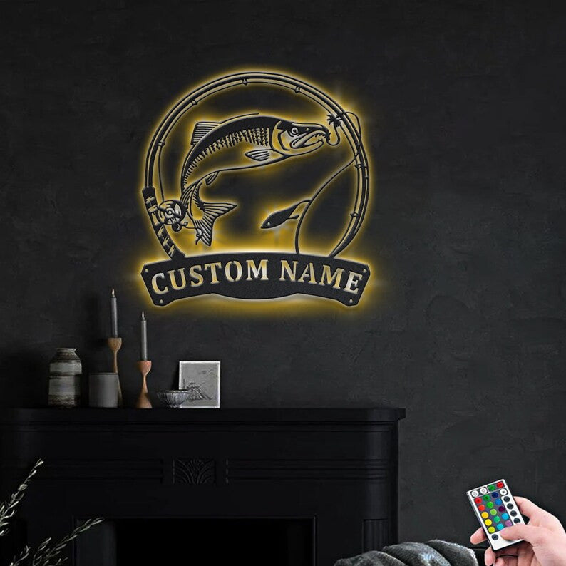 Personalized Sockeye Salmon Fishing Fish Pole Monogram Metal Sign WITH LED/WITHOUT LED Lights Custom Salmon Fishing Metal Sign Hobbie Gifts