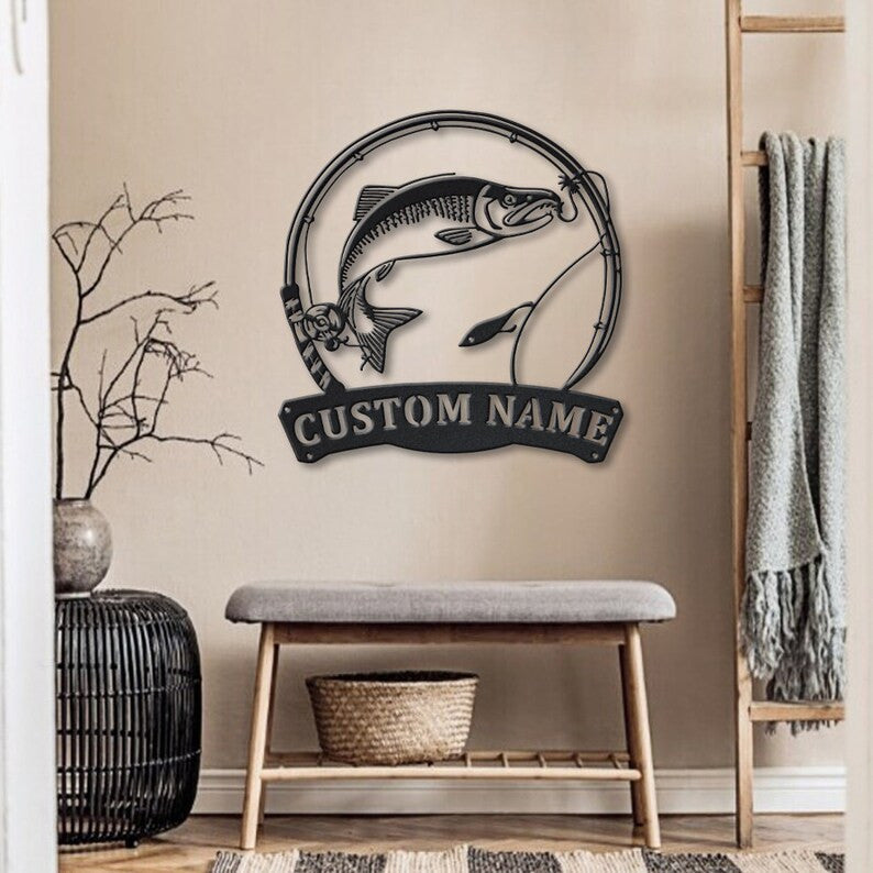 Personalized Sockeye Salmon Fishing Fish Pole Monogram Metal Sign WITH LED/WITHOUT LED Lights Custom Salmon Fishing Metal Sign Hobbie Gifts