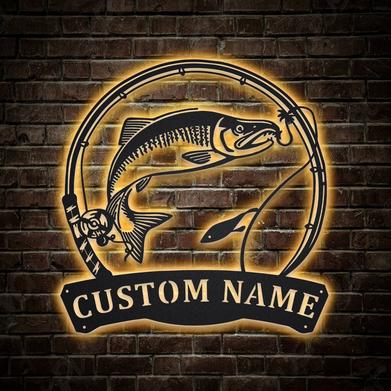 Personalized Sockeye Salmon Fishing Fish Pole Monogram Metal Sign WITH LED/WITHOUT LED Lights Custom Salmon Fishing Metal Sign Hobbie Gifts