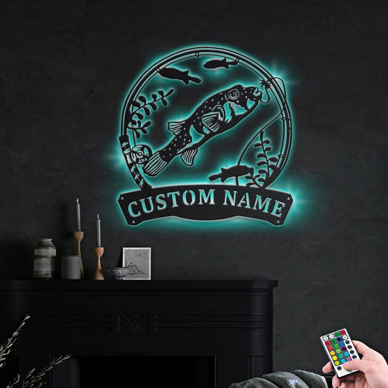 Personalized Puffer Fishing Monogram Metal Sign WITH LED/WITHOUT LED Lights Custom Puffer Fishing Metal Sign Fishing Gifts