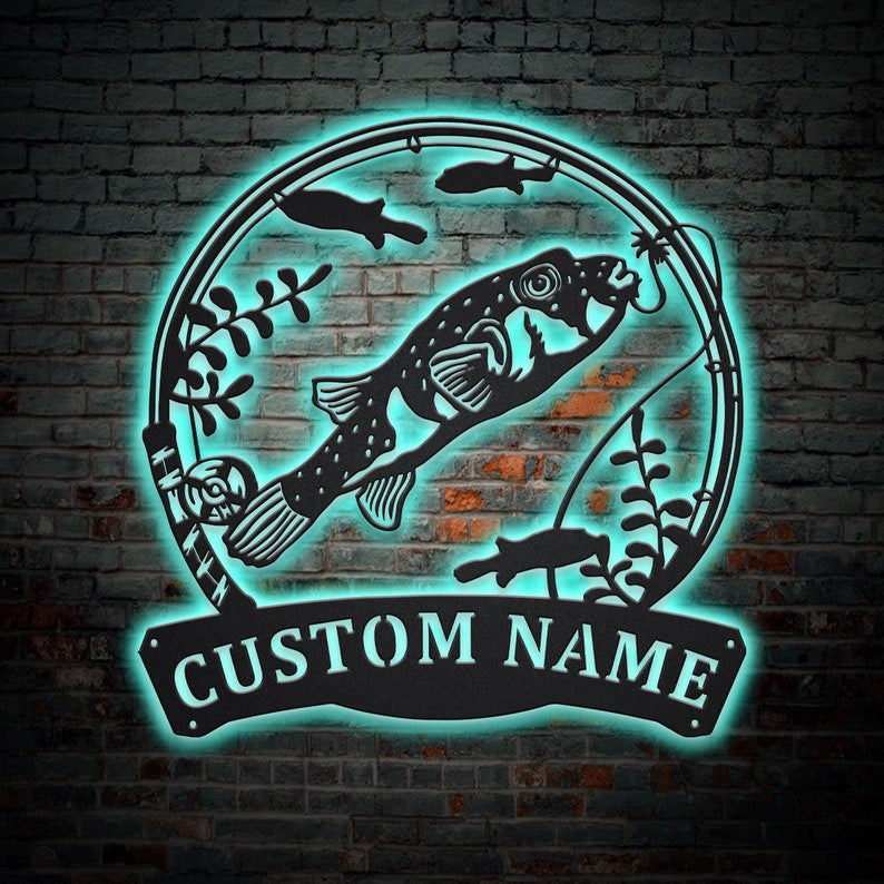 Personalized Puffer Fishing Monogram Metal Sign WITH LED/WITHOUT LED Lights Custom Puffer Fishing Metal Sign Fishing Gifts