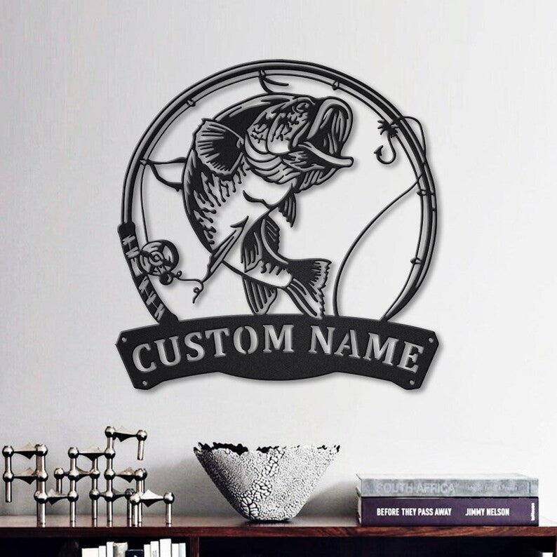 Personalized Largemouth Bass Fish Pole Monogram Metal Sign Art Largemouth Bass Metal Sign Fishing Lover Sign Decoration For Living Room