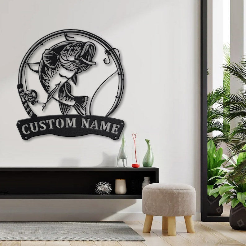 Personalized Largemouth Bass Fish Pole Monogram Metal Sign Art Largemouth Bass Metal Sign Fishing Lover Sign Decoration For Living Room