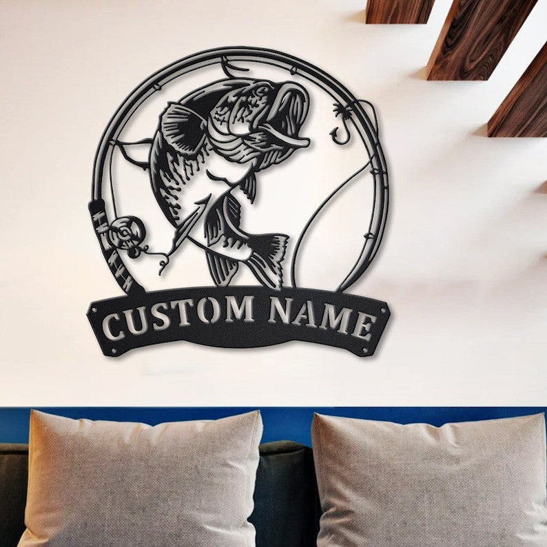 Personalized Largemouth Bass Fish Pole Monogram Metal Sign Art Largemouth Bass Metal Sign Fishing Lover Sign Decoration For Living Room