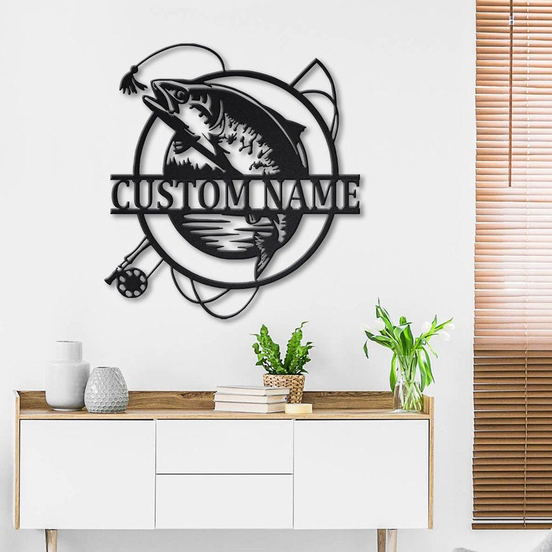 Personalized Trout Fishing Fish Pole Metal Sign Art Custom Trout Fishing Metal Sign Trout Fishing Gifts for Men Trout Fishing Gift