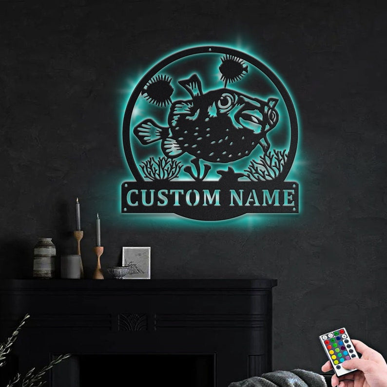 Personalized Porcupinefish Metal Sign WITH LED/WITHOUT LED Lights Custom Porcupinefish Metal Sign Fishing Gifts
