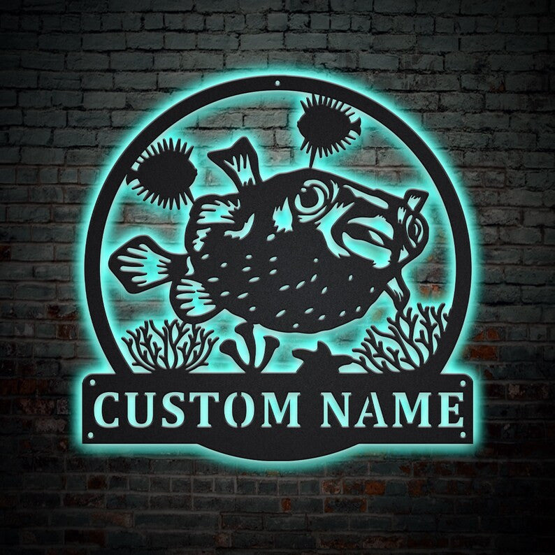 Personalized Porcupinefish Metal Sign WITH LED/WITHOUT LED Lights Custom Porcupinefish Metal Sign Fishing Gifts