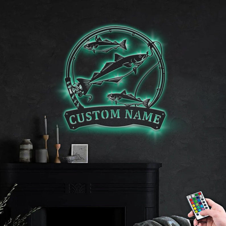 Personalized Pollocks Fishing Fish Pole Metal Sign WITH LED/WITHOUT LED Lights Custom Pollocks Fish Metal Sign Pollocks Fishing Custom Home Decor