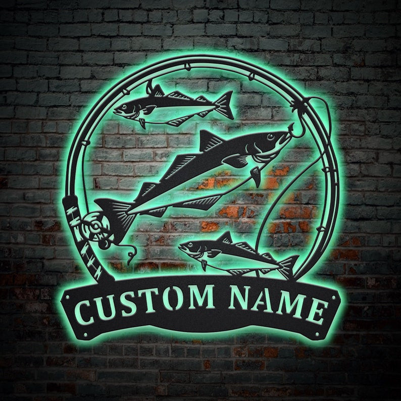 Personalized Pollocks Fishing Fish Pole Metal Sign WITH LED/WITHOUT LED Lights Custom Pollocks Fish Metal Sign Pollocks Fishing Custom Home Decor