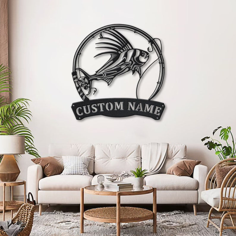 Personalized Roosterfish Fish Pole Monogram Metal Sign Art, Roosterfish Fishing Metal Sign, Fishing Lover Sign Decoration For Living Room