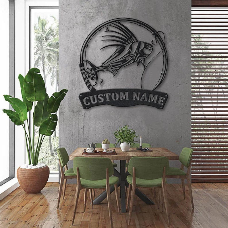 Personalized Roosterfish Fish Pole Monogram Metal Sign Art, Roosterfish Fishing Metal Sign, Fishing Lover Sign Decoration For Living Room