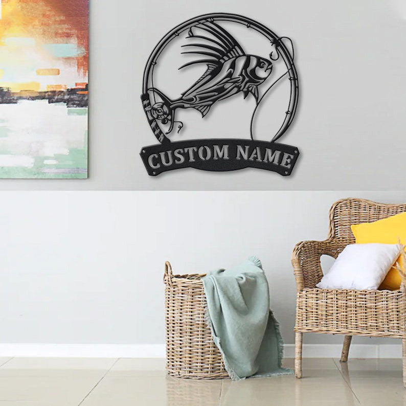 Personalized Roosterfish Fish Pole Monogram Metal Sign Art, Roosterfish Fishing Metal Sign, Fishing Lover Sign Decoration For Living Room