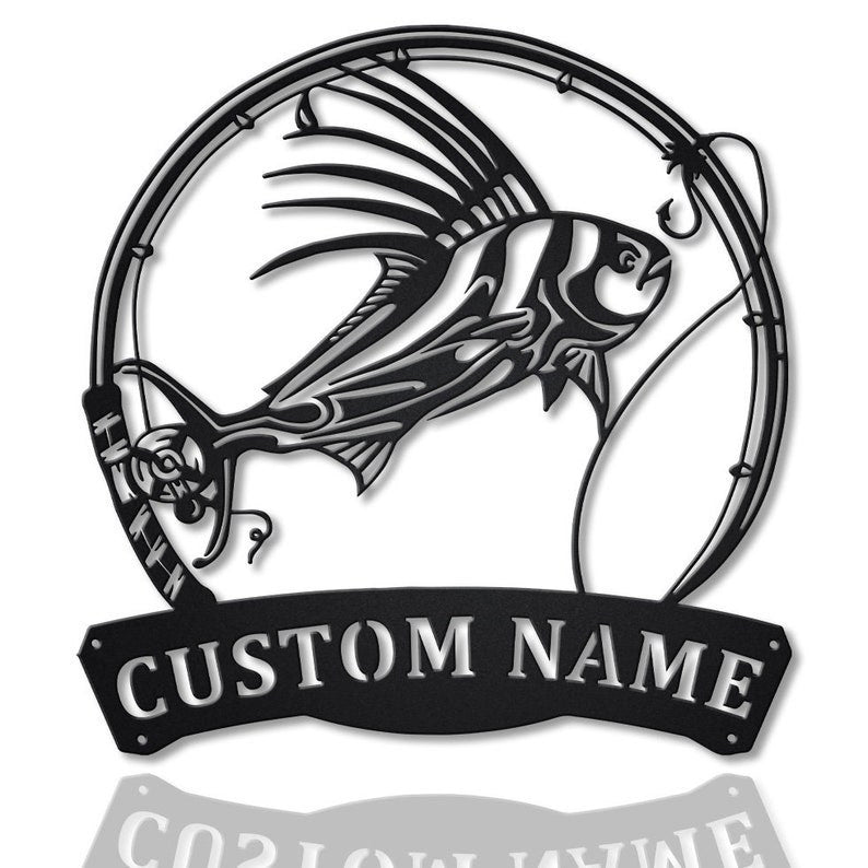 Personalized Roosterfish Fish Pole Monogram Metal Sign Art, Roosterfish Fishing Metal Sign, Fishing Lover Sign Decoration For Living Room