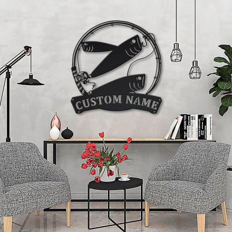 Personalized Bait Fishing Fish Pole Monogram Metal Sign Art , Custom Bait Fishing Metal Sign, Fishing Lover Sign Decoration For Living Room