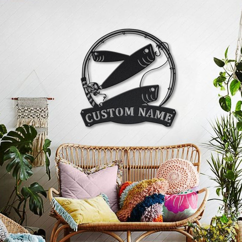 Personalized Bait Fishing Fish Pole Monogram Metal Sign Art , Custom Bait Fishing Metal Sign, Fishing Lover Sign Decoration For Living Room