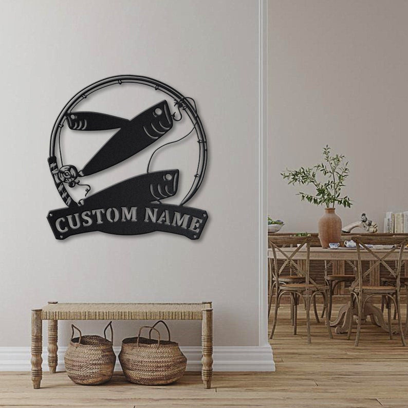 Personalized Bait Fishing Fish Pole Monogram Metal Sign Art , Custom Bait Fishing Metal Sign, Fishing Lover Sign Decoration For Living Room