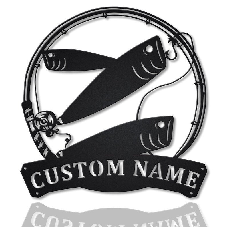 Personalized Bait Fishing Fish Pole Monogram Metal Sign Art , Custom Bait Fishing Metal Sign, Fishing Lover Sign Decoration For Living Room