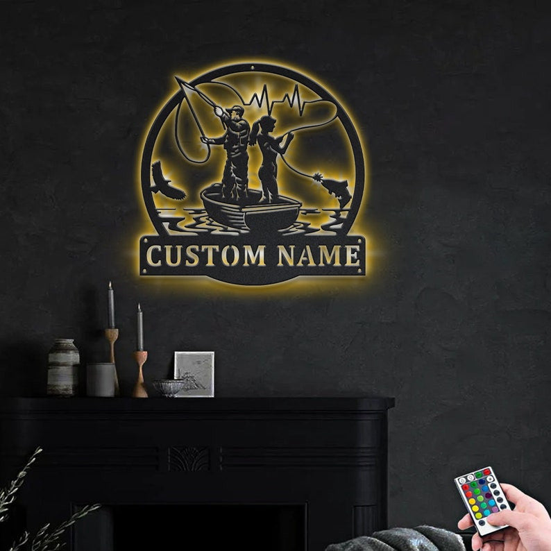 Personalized Couple Fishing Fish Pole Metal Sign WITH LED/WITHOUT LED Lights Custom Fishing Metal Sign Fishing Custom Home Decor