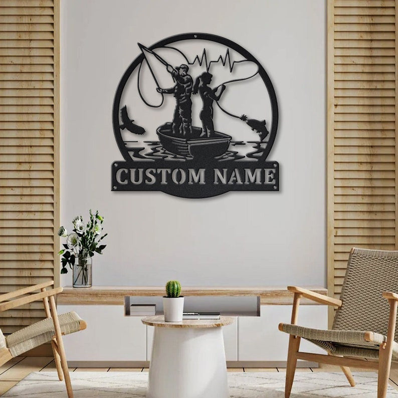 Personalized Couple Fishing Fish Pole Metal Sign WITH LED/WITHOUT LED Lights Custom Fishing Metal Sign Fishing Custom Home Decor