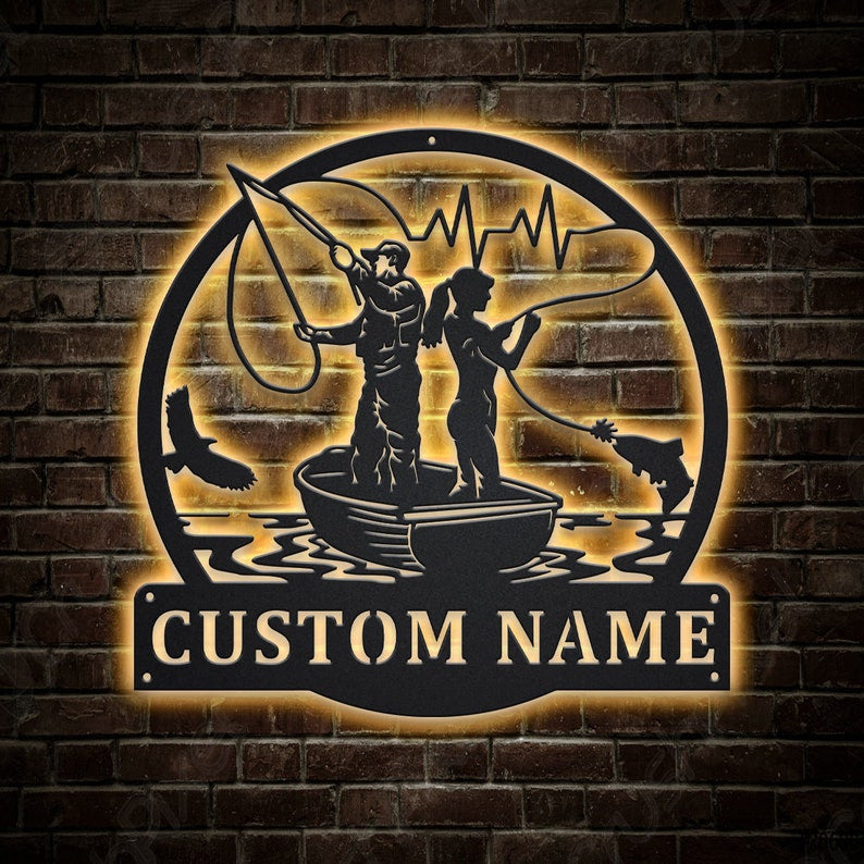 Personalized Couple Fishing Fish Pole Metal Sign WITH LED/WITHOUT LED Lights Custom Fishing Metal Sign Fishing Custom Home Decor