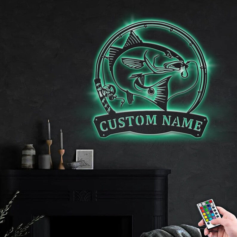 Personalized Red Drum Fishing Fish Pole Monogram Metal Sign WITH LED/WITHOUT LED Lights Custom Red Drum Fishing Metal Sign Hobbie Gifts