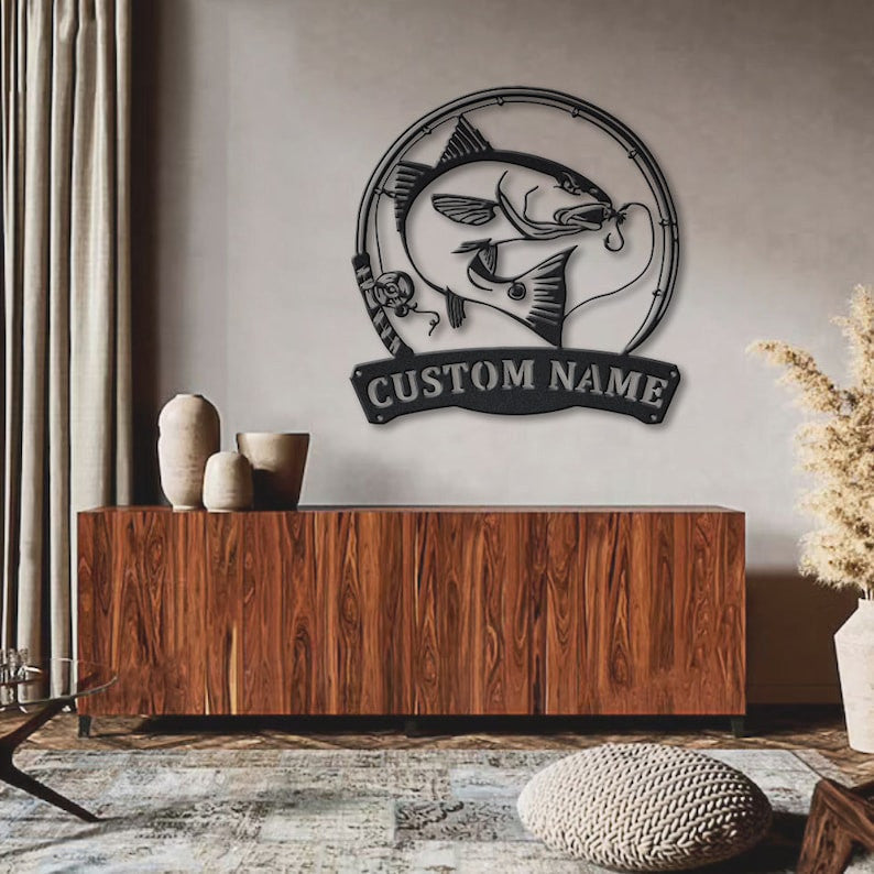 Personalized Red Drum Fishing Fish Pole Monogram Metal Sign WITH LED/WITHOUT LED Lights Custom Red Drum Fishing Metal Sign Hobbie Gifts